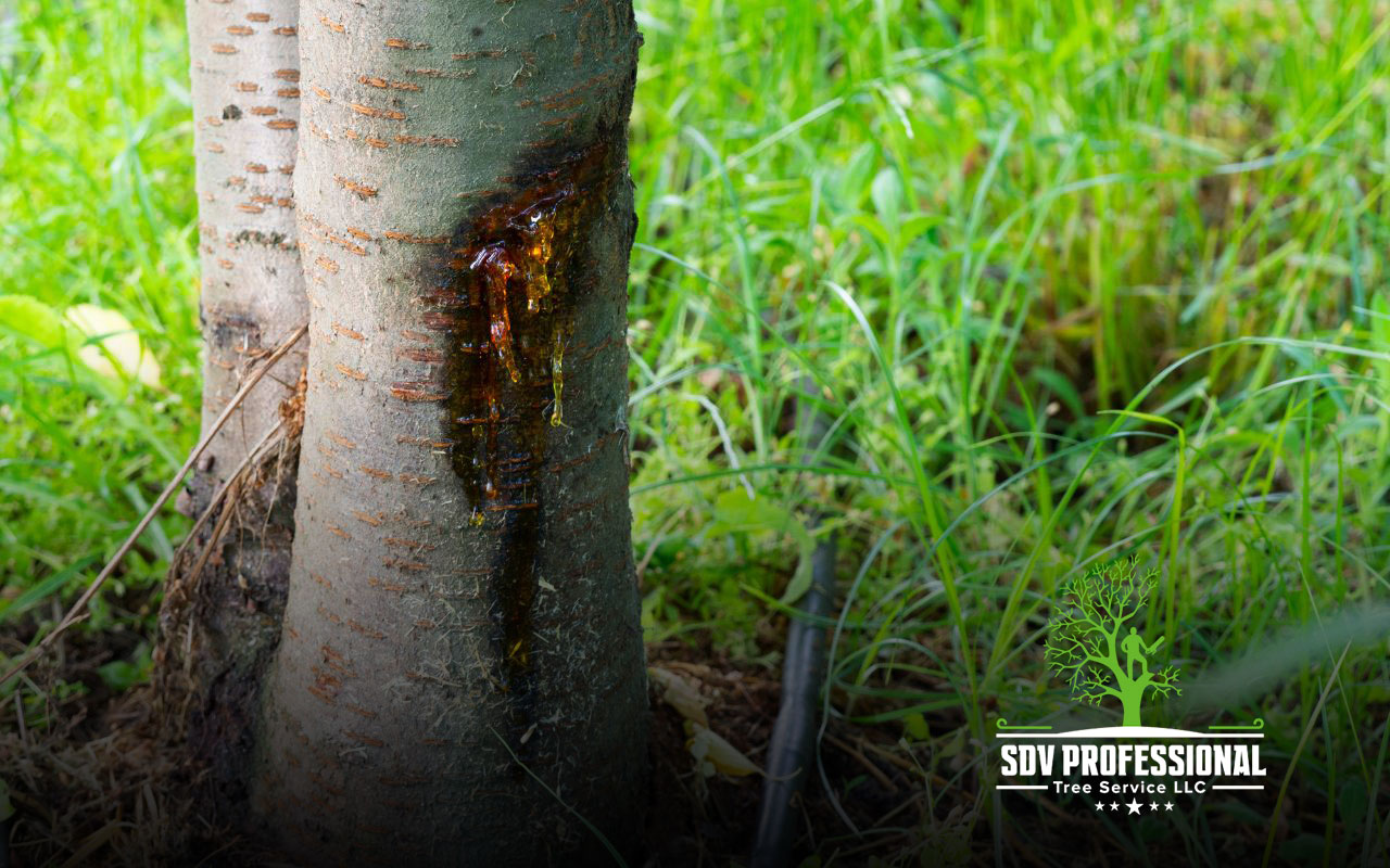 Tree trunk with visible pest infestation damage.