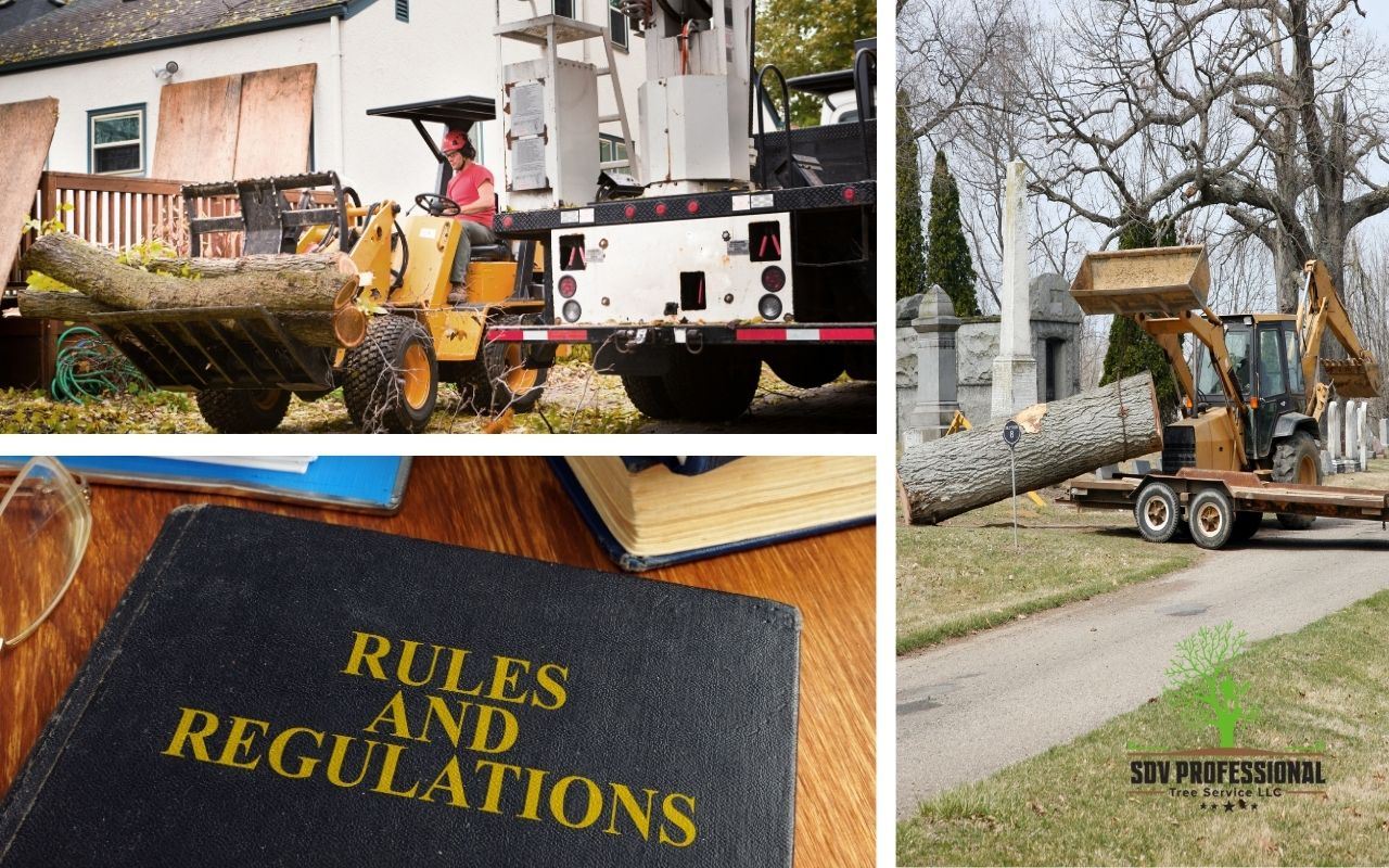 A homeowner reviewing tree removal permits in Huntsville for a large backyard tree.