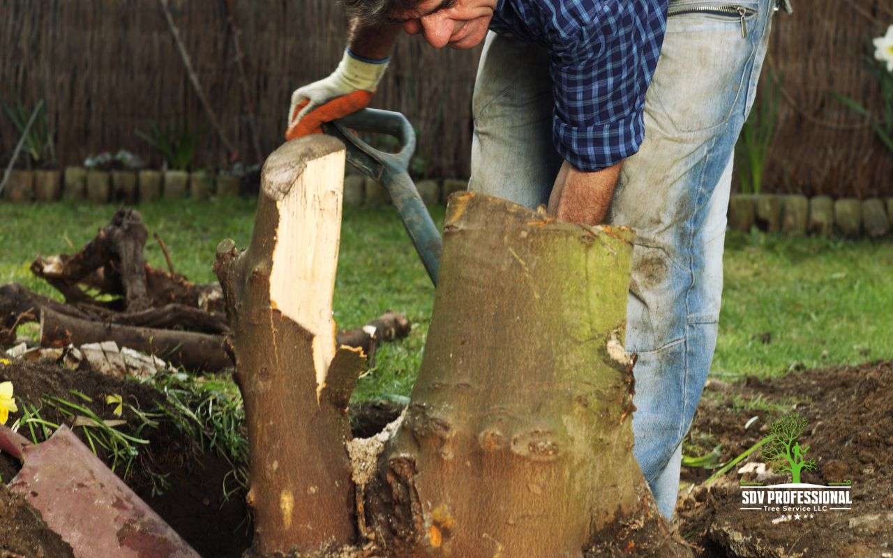 Man using a shovel and axe to remove a tree stump manually in Huntsville, AL.