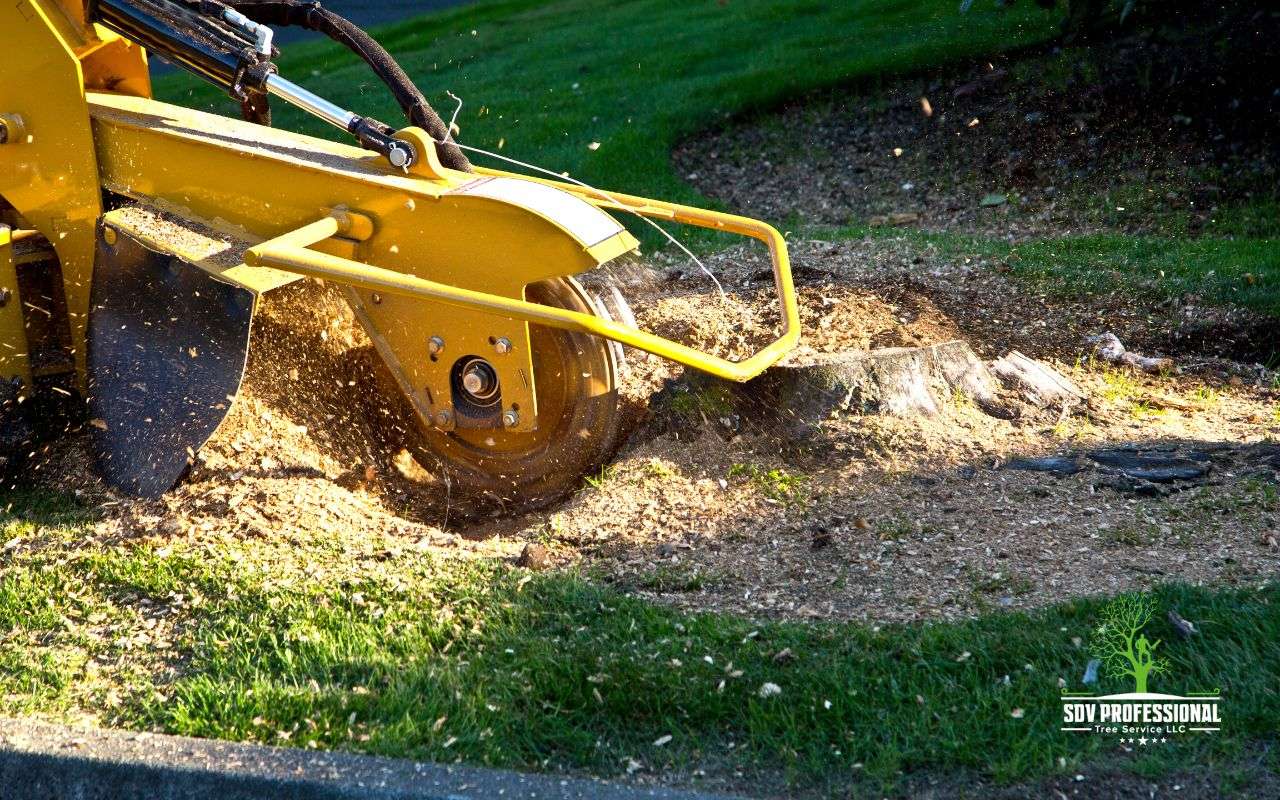 Professional tree stump removal service grinding a stump in Huntsville, AL.